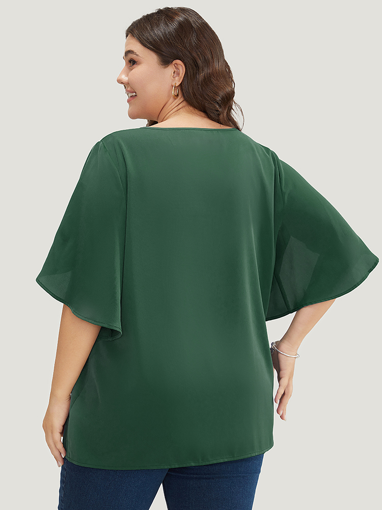 Plus Size Women Work Plain Zipper Ruffle Sleeve Half Sleeve V-neck Office Blouses BloomChic 