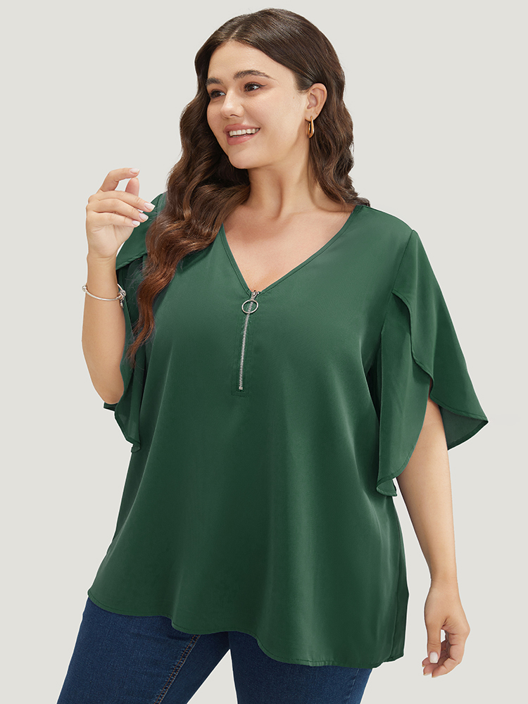 Plus Size Women Work Plain Zipper Ruffle Sleeve Half Sleeve V-neck Office Blouses BloomChic 
