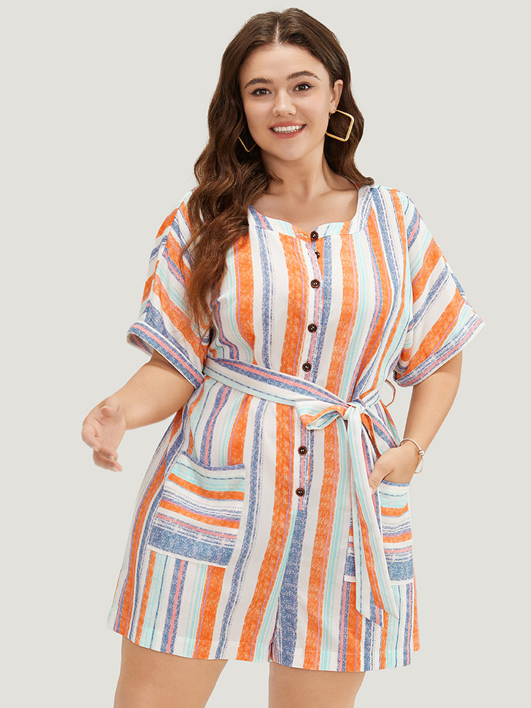 

Plus Size Striped Contrast Dolman Sleeve Button Up Pocket Belt Romper Multicolor Striped Pocket Vacation Dailywear  Rompers Bloomchic