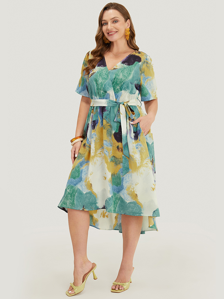 

Plus Size Tie Dye Ruffle Pocket Wrap Belted High Low Dress Emerald Women Elegant Wrap V-neck Short sleeve Curvy Midi Dress BloomChic