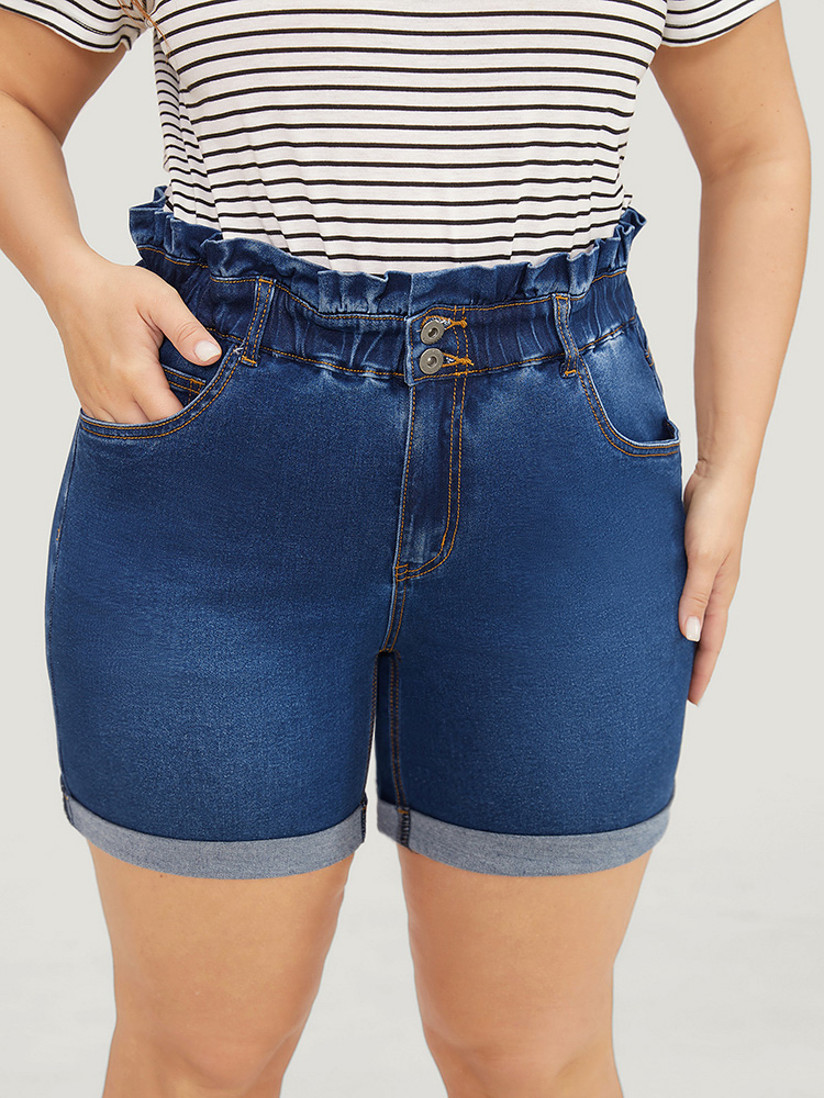 

Plus Size Very Stretchy High Rise Medium Wash Paperbag Waist Denim Shorts Women Blue Casual Plain High stretch Pocket Jeans BloomChic