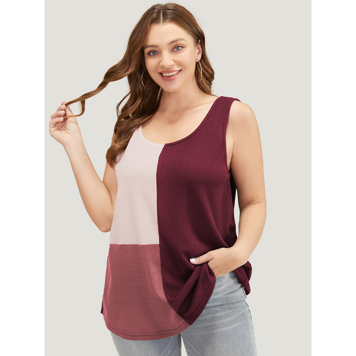 

Plus Size Colorblock Contrast Sleeveless Waffle Knit Tank Top Women Burgundy Casual Contrast Scoop Neck Dailywear Tank Tops Camis BloomChic