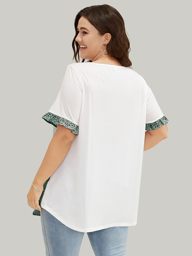 Plus Size Women Dailywear Colorblock Contrast Ruffle Sleeve Short sleeve Round Neck Casual T-shirts BloomChic 