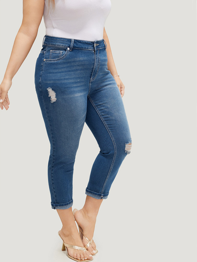 

Plus Size Very Stretchy High Rise Dark Wash Ripped Detail Cropped Jeans Women Blue Casual Plain High stretch Pocket Jeans BloomChic