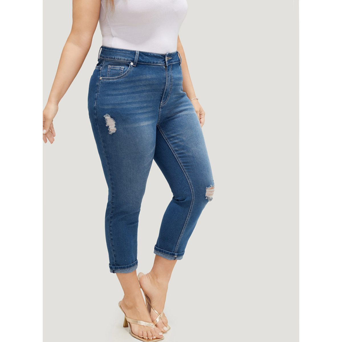 

Plus Size Very Stretchy High Rise Dark Wash Ripped Detail Cropped Jeans Women Blue Casual Plain High stretch Pocket Jeans BloomChic
