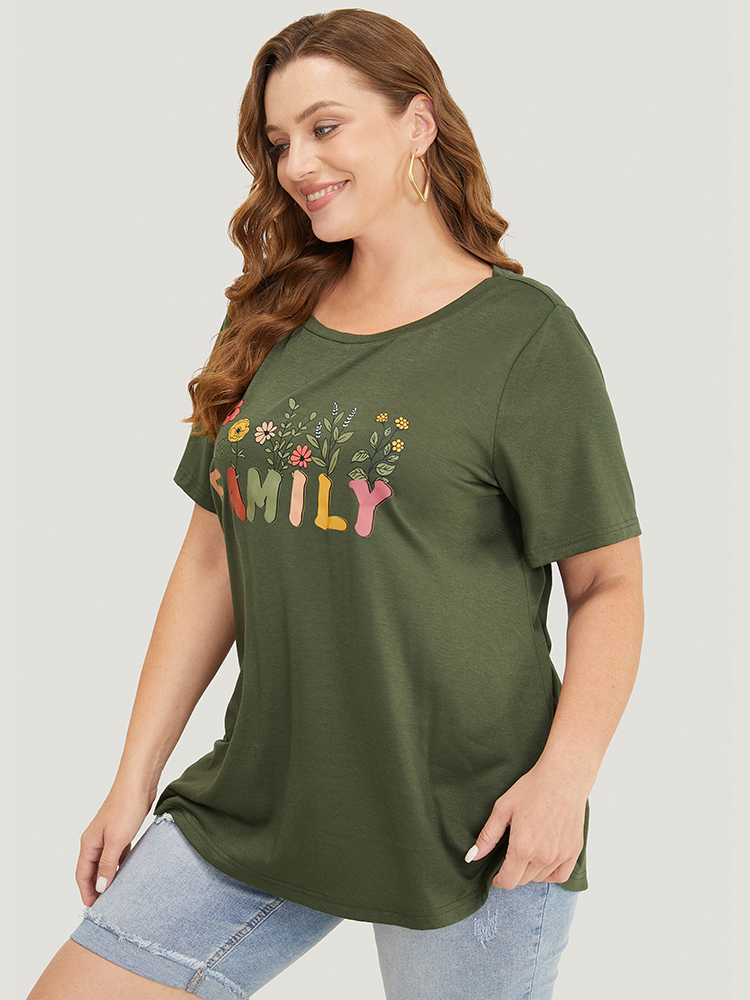 

Plus Size Floral And Letter Graphic Drop Shoulder Tee ArmyGreen Women Casual Letter Dailywear T-shirts BloomChic