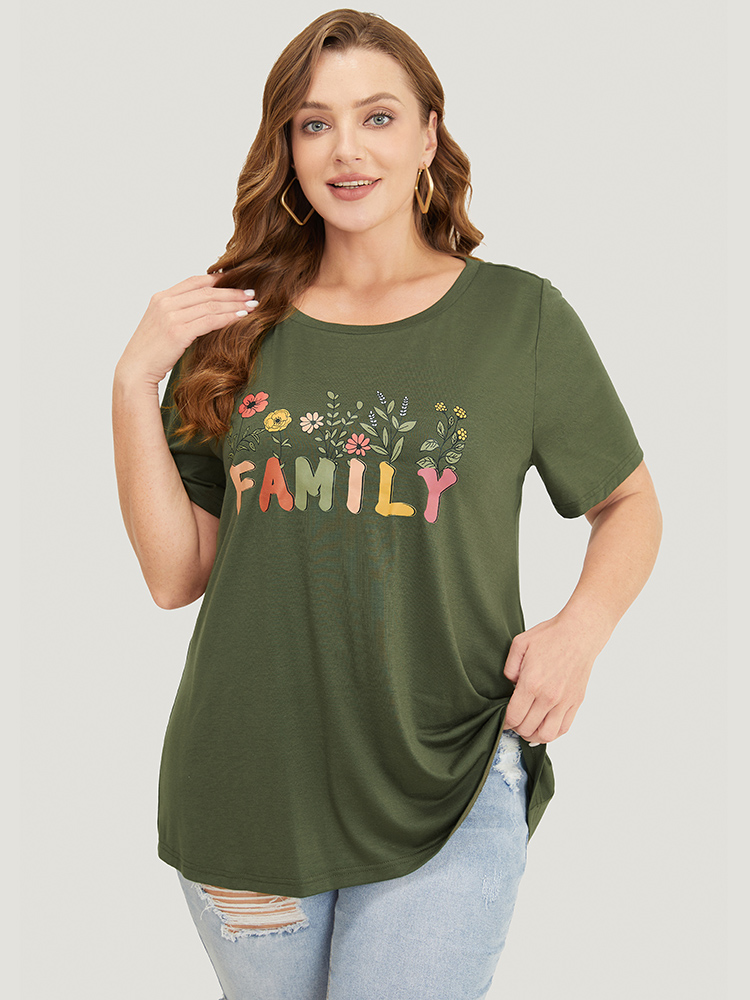 

Plus Size Floral And Letter Graphic Drop Shoulder Tee ArmyGreen Women Casual Letter Dailywear T-shirts BloomChic