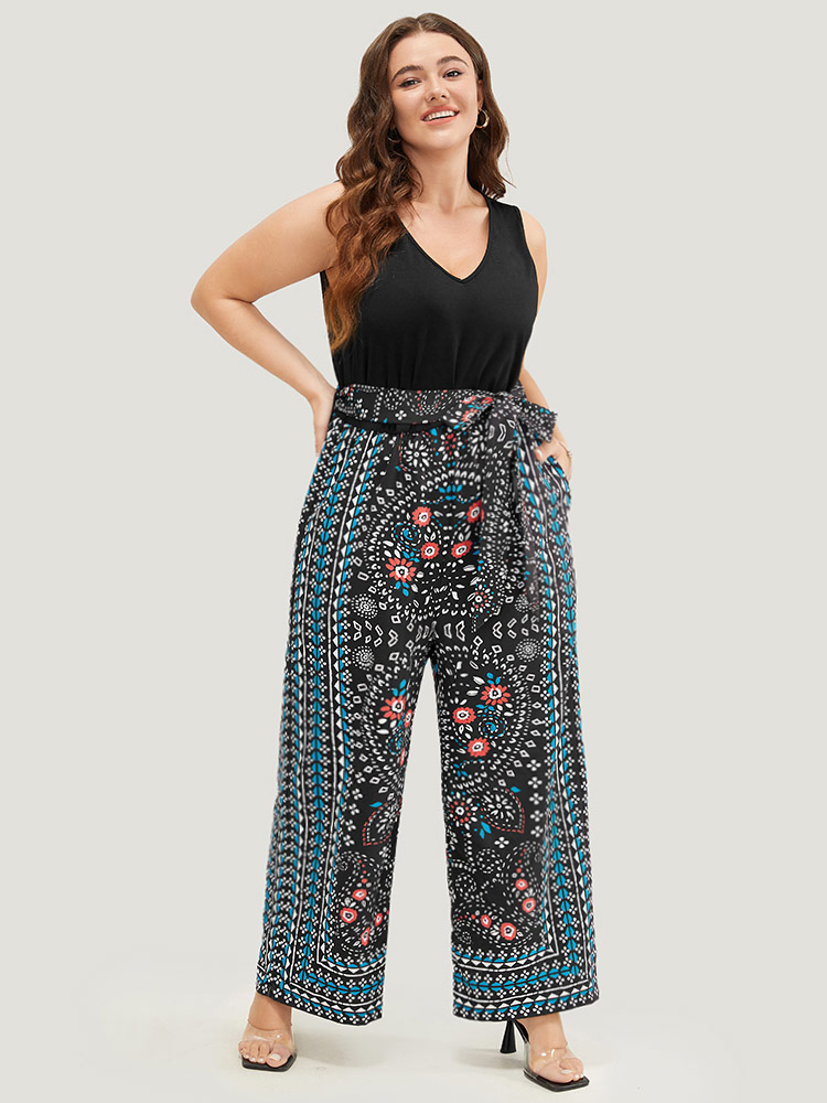 

Plus Size Black Paisley Patchwork Zipper Pocket Belted Tank Jumpsuit Women Vacation Sleeveless V-neck Dailywear Loose Jumpsuits BloomChic