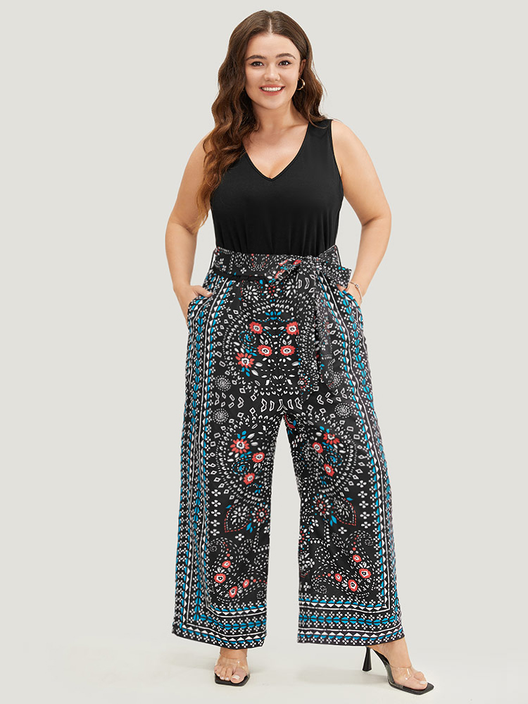 

Plus Size Black Paisley Patchwork Zipper Pocket Belted Tank Jumpsuit Women Vacation Sleeveless V-neck Dailywear Loose Jumpsuits BloomChic