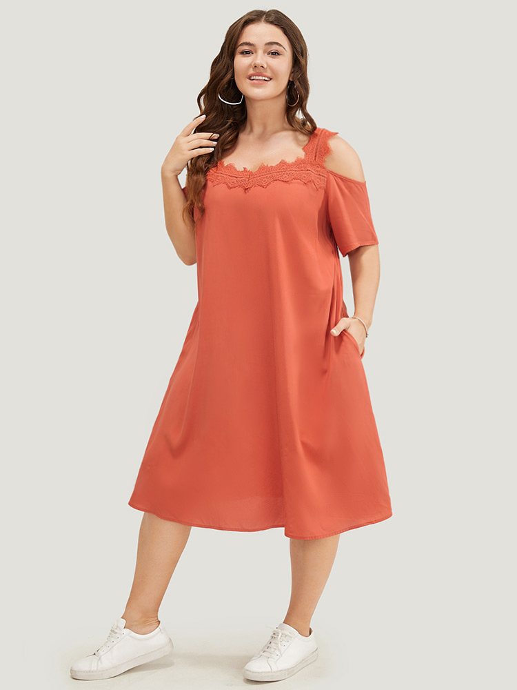 

Plus Size Solid Contrast Lace Pocket Cold Shoulder Midi Dress Coral Women Casual Lace Cold Shoulder Short sleeve Curvy Midi Dress BloomChic