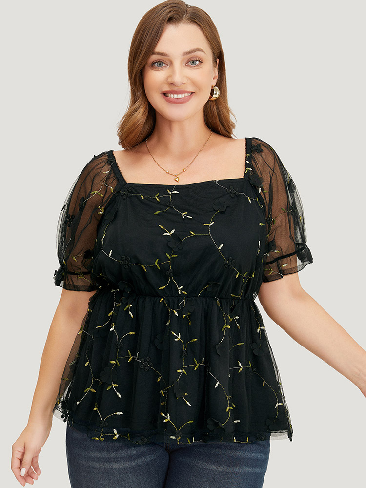 

Plus Size BlackFlower Plant Embroidered Appliques Mesh Puff Sleeve Blouse Women Party Short sleeve Square Neck Going out Blouses BloomChic