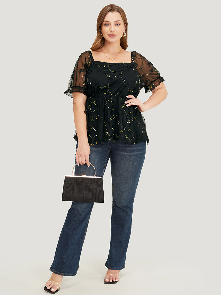 

Plus Size BlackFlower Plant Embroidered Appliques Mesh Puff Sleeve Blouse Women Party Short sleeve Square Neck Going out Blouses BloomChic