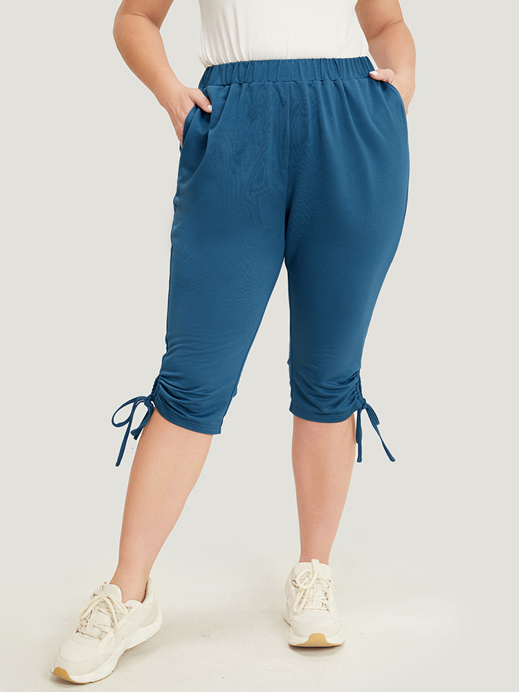 Plus Size Women Dailywear Plain Ruched High Rise Pocket Casual Pants BloomChic 