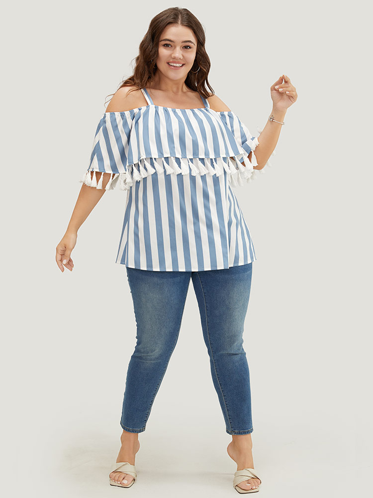 

Plus Size LightBlue Striped Print Tassels Trim Cold Shoulder Blouse Women Vacation Sleeveless Cold Shoulder Dailywear Blouses BloomChic