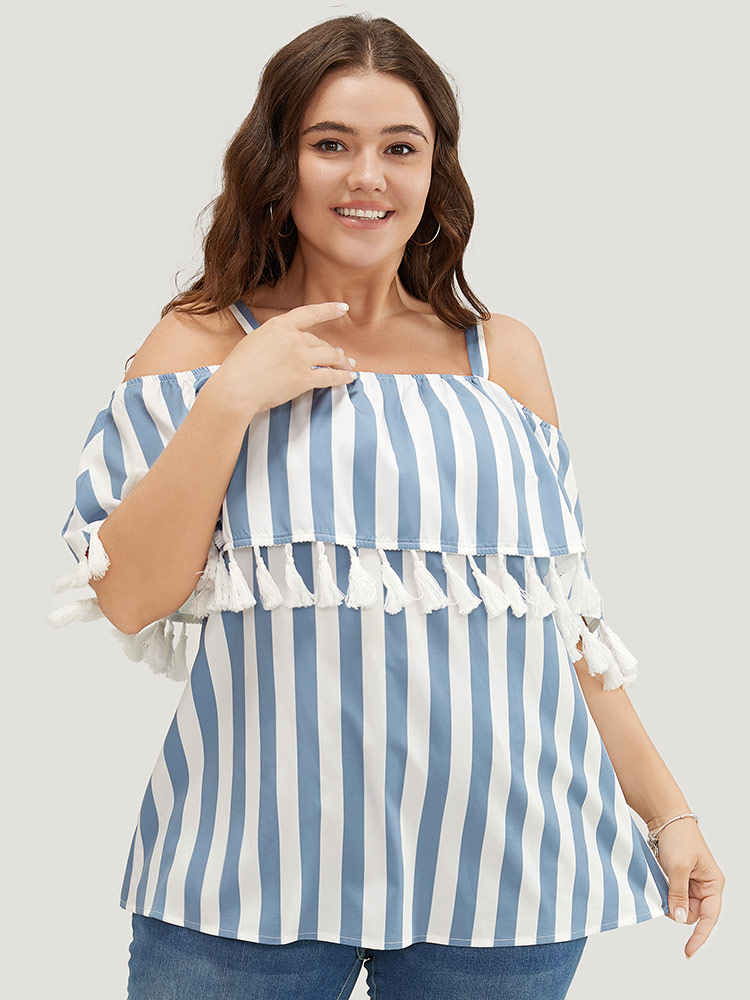 Plus Size LightBlue Striped Print Tassels Trim Cold Shoulder Blouse Women Vacation Sleeveless Cold Shoulder Dailywear Blouses BloomChic 28/5X 