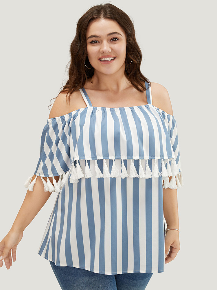 

Plus Size LightBlue Striped Print Tassels Trim Cold Shoulder Blouse Women Vacation Sleeveless Cold Shoulder Dailywear Blouses BloomChic