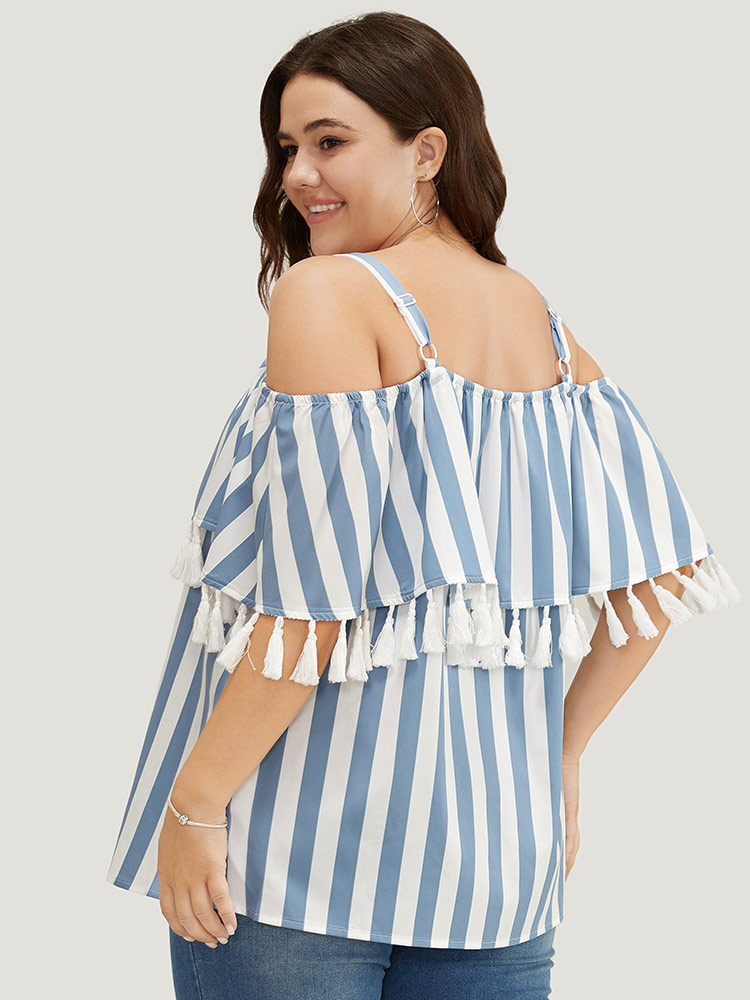 Plus Size LightBlue Striped Print Tassels Trim Cold Shoulder Blouse Women Vacation Sleeveless Cold Shoulder Dailywear Blouses BloomChic 28/5X 