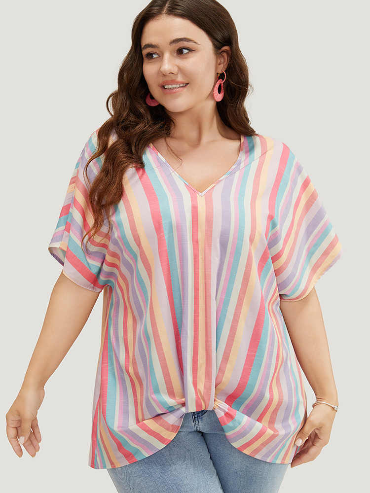 

Plus Size Multicolor Rainbow Striped Batwing Sleeve Contrast Asymmetrical Hem Blouse Women Vacation Short sleeve V-neck Dailywear Blouses BloomChic