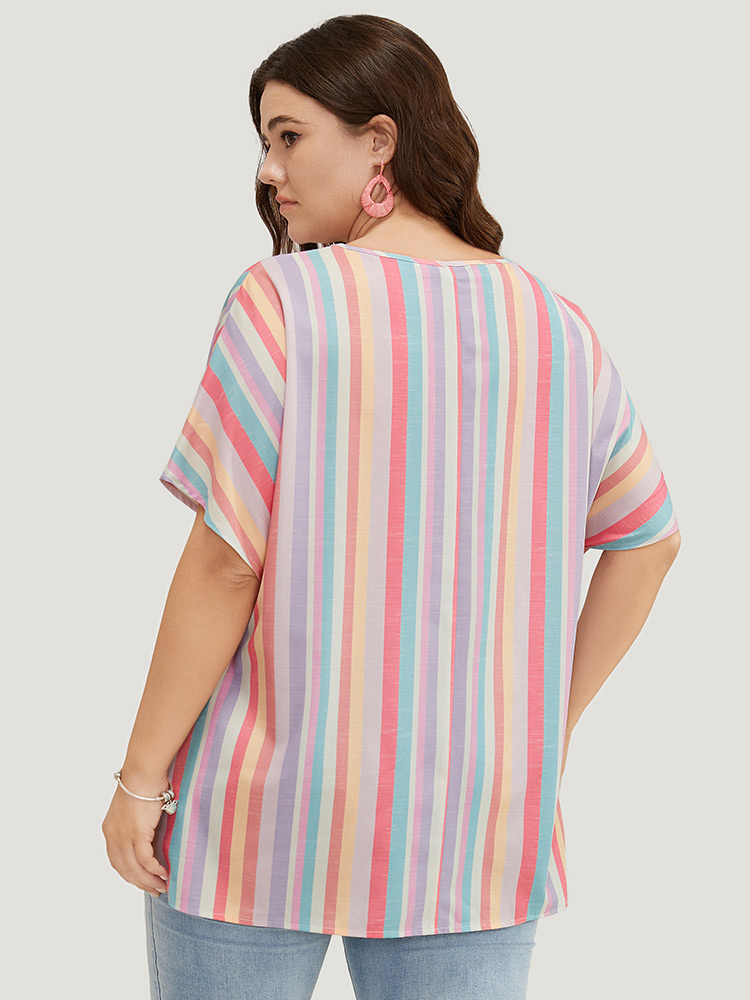 Plus Size Multicolor Rainbow Striped Batwing Sleeve Contrast Asymmetrical Hem Blouse Women Vacation Short sleeve V-neck Dailywear Blouses BloomChic 28/5X 