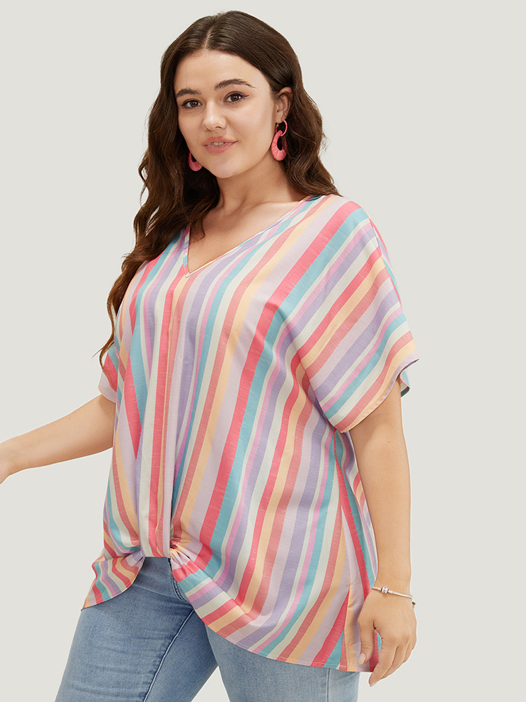 Plus Size Multicolor Rainbow Striped Batwing Sleeve Contrast Asymmetrical Hem Blouse Women Vacation Short sleeve V-neck Dailywear Blouses BloomChic 28/5X 