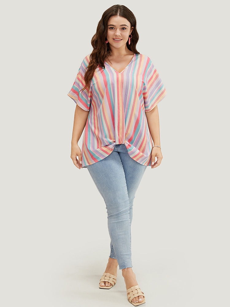 Plus Size Multicolor Rainbow Striped Batwing Sleeve Contrast Asymmetrical Hem Blouse Women Vacation Short sleeve V-neck Dailywear Blouses BloomChic 28/5X 