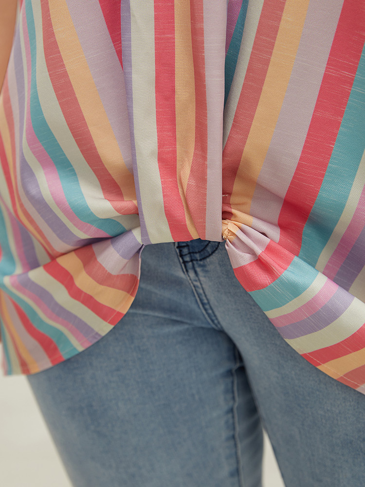 

Plus Size Multicolor Rainbow Striped Batwing Sleeve Contrast Asymmetrical Hem Blouse Women Vacation Short sleeve V-neck Dailywear Blouses BloomChic