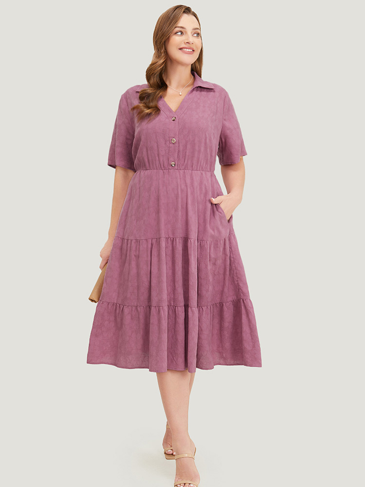 

Plus Size Plain Floral Ruffle Pocket Button Up Tiered Hem Dress DustyPink Women Office Button Lapel Collar Short sleeve Curvy Midi Dress BloomChic