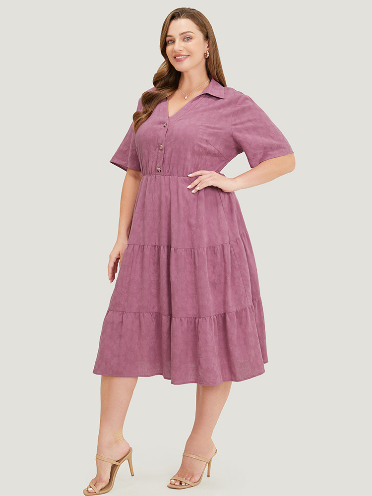 

Plus Size Plain Floral Ruffle Pocket Button Up Tiered Hem Dress DustyPink Women Office Button Lapel Collar Short sleeve Curvy Midi Dress BloomChic