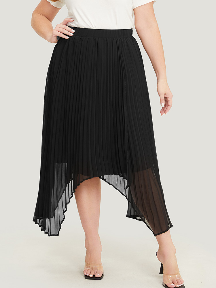 

Plus Size Solid Mesh Pleated Detail Hanky Hem Skirt Women Black Elegant See through No stretch Dailywear Skirts BloomChic