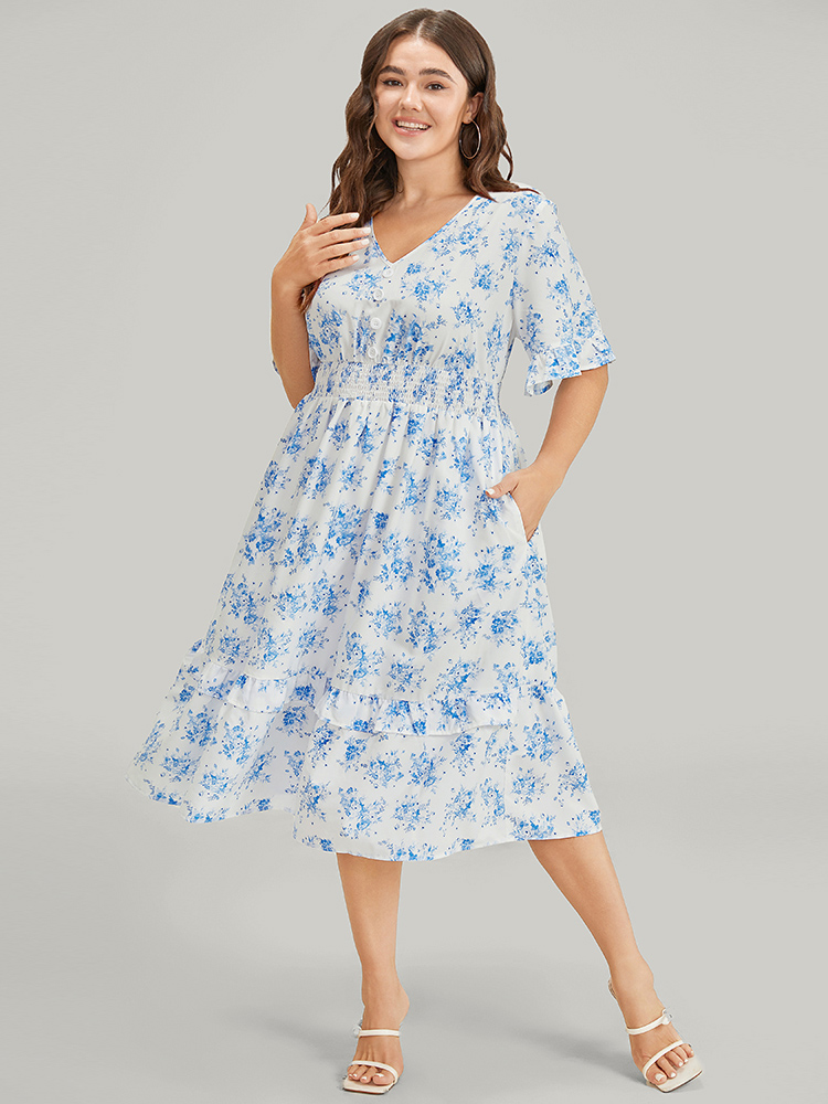 Plus Size Floral Ruffle Trim Button Detail Pocket Shirred Waist Dress Blue Women Elegant Lined V-neck Short sleeve Curvy Midi Dress BloomChic 10/M 