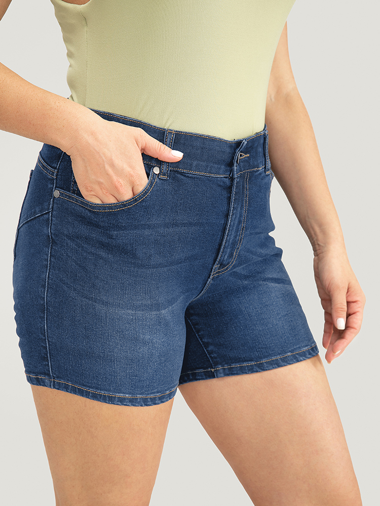 

Plus Size Very Stretchy High Rise Slant Pocket Denim Shorts Women Navy Casual Plain High stretch Pocket Jeans BloomChic