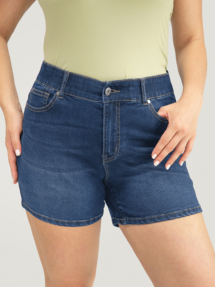 

Plus Size Very Stretchy High Rise Slant Pocket Denim Shorts Women Navy Casual Plain High stretch Pocket Jeans BloomChic