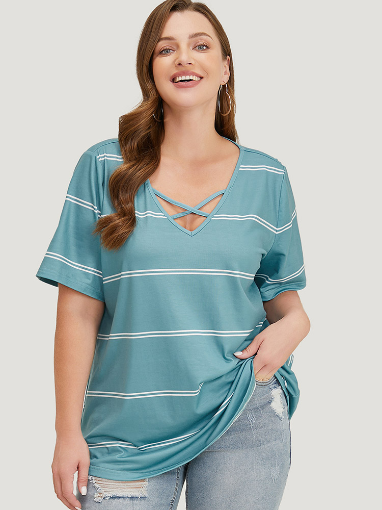 

Plus Size Striped Print Crisscross V Neck T-shirt Cerulean Women Casual Contrast Striped V-neck Dailywear T-shirts BloomChic