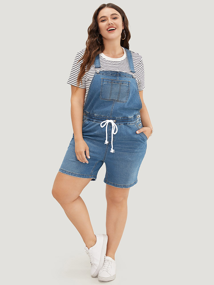 

Plus Size Drawstring Button Up Dark Wash Denim Overalls Blue Women Plain Low stretch Dailywear Pocket Casual Denim Jumpsuits BloomChic