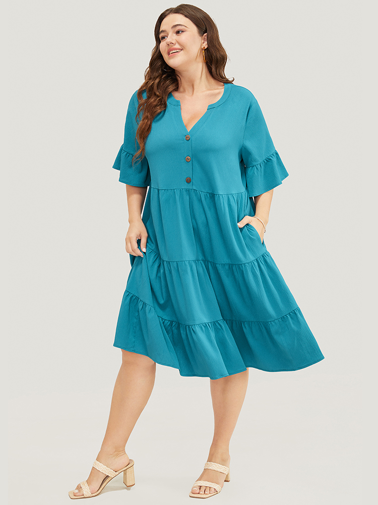 

Plus Size Solid Button Detail Pocket Ruffle Tiered Bell Sleeve Midi Dress Cerulean Women Stand-up collar Half Sleeve Curvy Knee Dress BloomChic