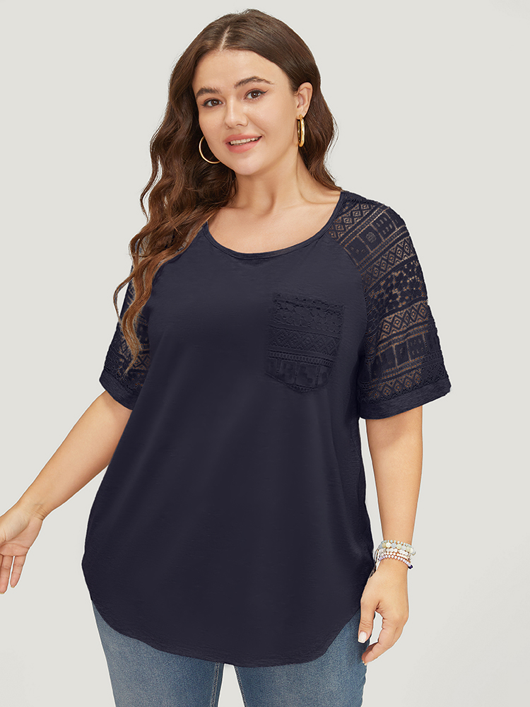 

Plus Size Solid Pocket Contrast Lace Raglan Sleeve Arc Hem T-shirt Indigo Women Elegant Arc Hem Plain Round Neck Dailywear T-shirts BloomChic