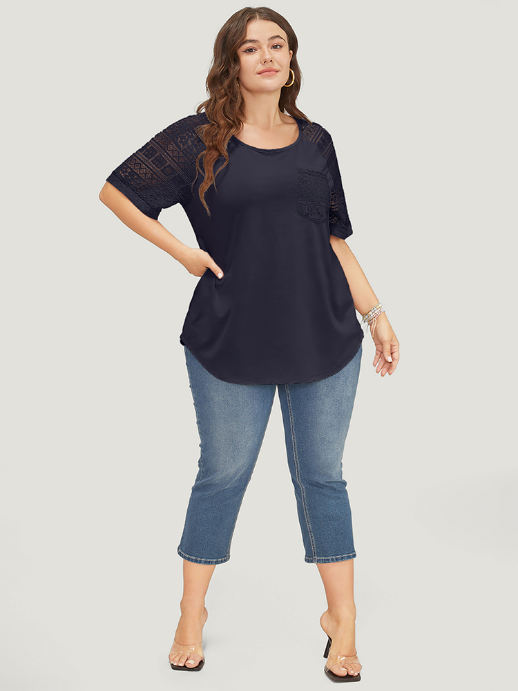 Plus Size Solid Pocket Contrast Lace Raglan Sleeve Arc Hem T-shirt Indigo Women Elegant Arc Hem Plain Round Neck Dailywear T-shirts BloomChic 12/L 