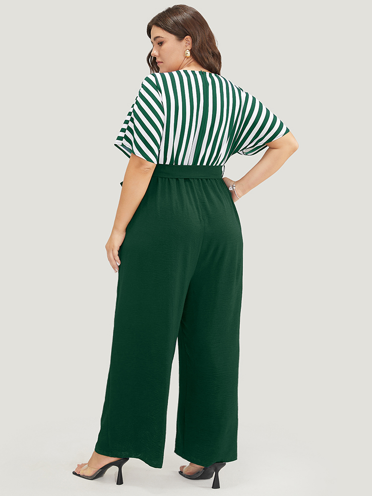 

Plus Size DarkGreen Striped Patchwork Pocket Batwing Sleeve Belted Wrap Jumpsuit Women At the Office Short sleeve Overlap Collar Work Loose Jumpsuits BloomChic