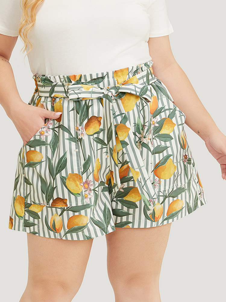 

Plus Size Lemon & Striped Print Paperbag Waist Pocket Knot Front Shorts Women Sage Vacation Knotted Loose Dailywear Shorts BloomChic