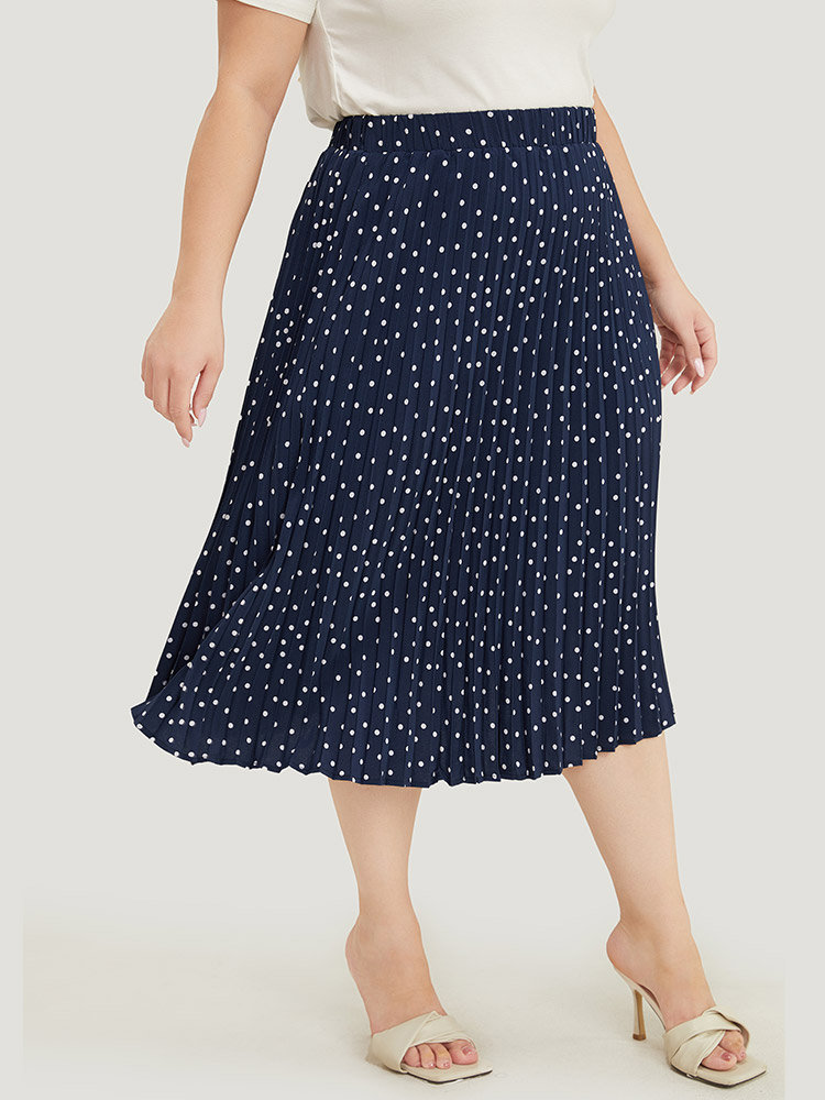 

Plus Size Polka Dot Pocket Pleated Skirt Women Indigo Elegant Pleated Loose No stretch Pocket Dailywear Skirts BloomChic