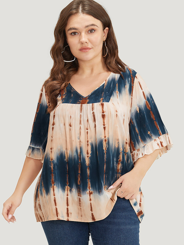 

Plus Size Multicolor Tie Dye V Neck Flounce Sleeve Blouse Women Vacation Half Sleeve V-neck Dailywear Blouses BloomChic