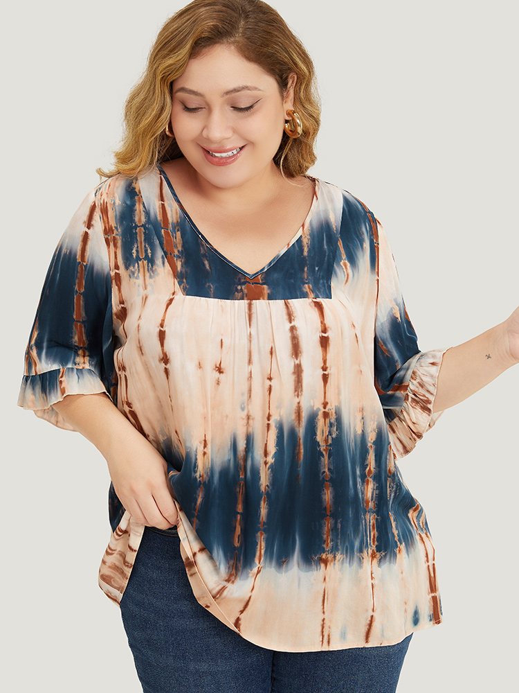 

Plus Size Multicolor Tie Dye V Neck Flounce Sleeve Blouse Women Vacation Half Sleeve V-neck Dailywear Blouses BloomChic