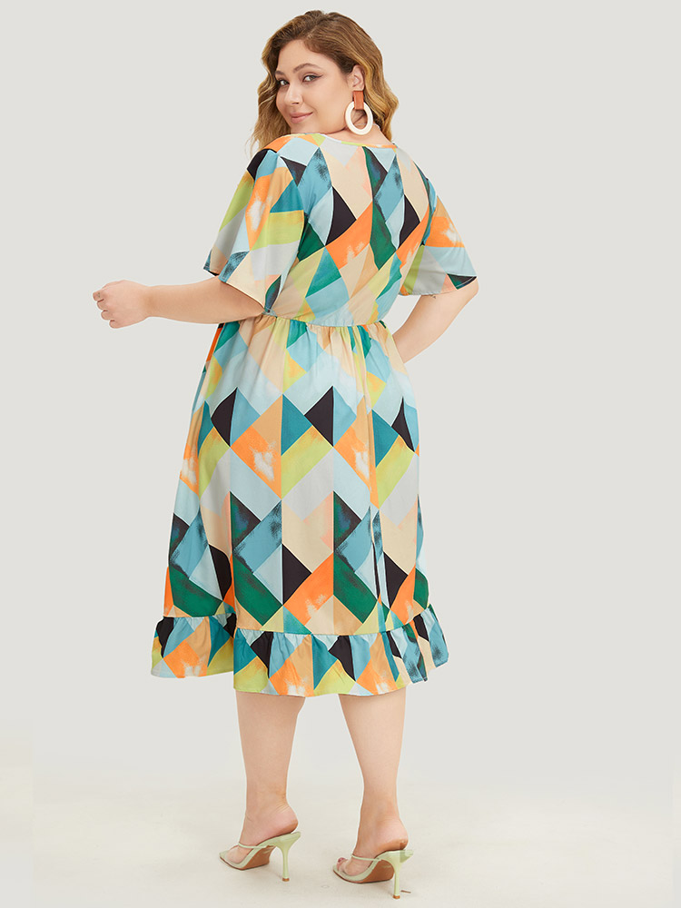 Plus Size Women Dailywear Geometric Gathered Ruffle Sleeve Short sleeve V-neck Pocket Elegant Dresses BloomChic 
