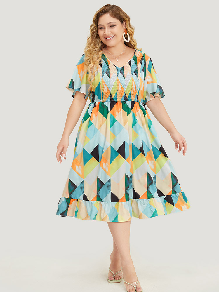 Plus Size Women Dailywear Geometric Gathered Ruffle Sleeve Short sleeve V-neck Pocket Elegant Dresses BloomChic 