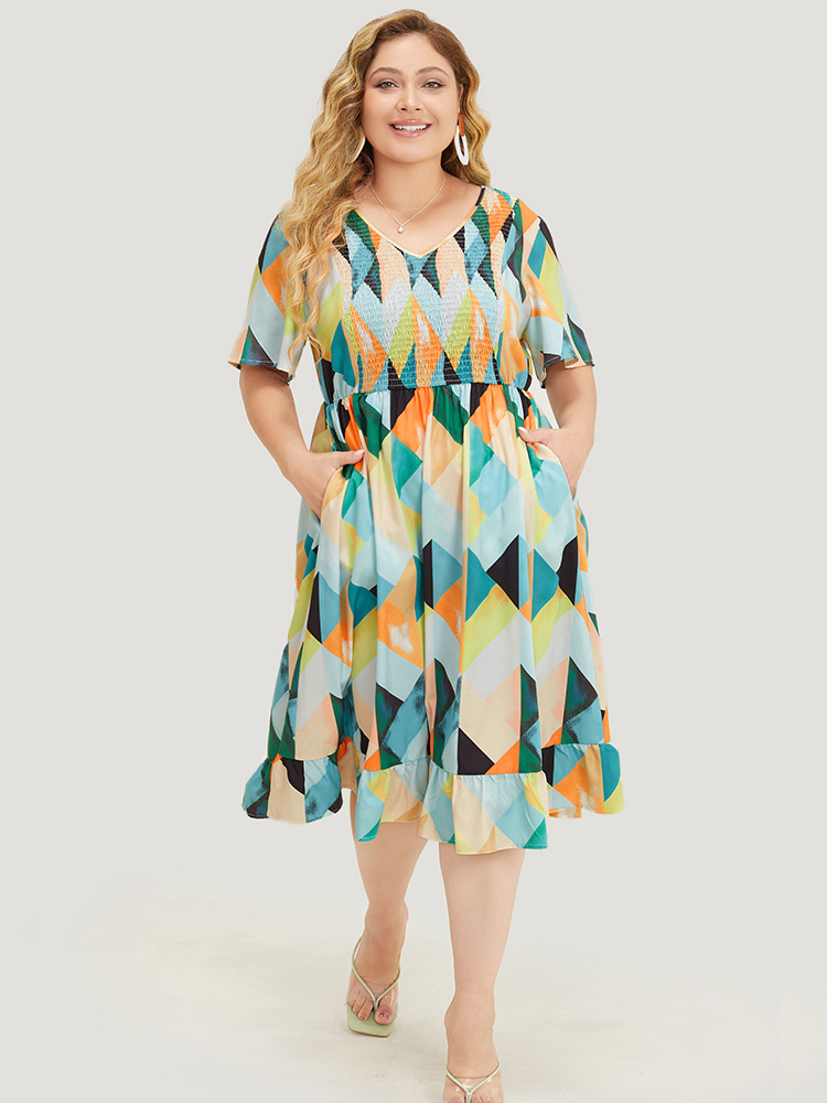 Plus Size Women Dailywear Geometric Gathered Ruffle Sleeve Short sleeve V-neck Pocket Elegant Dresses BloomChic 