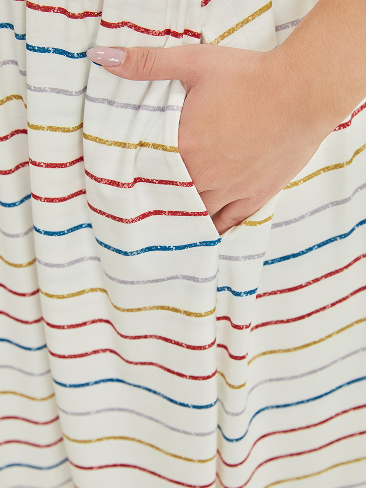 Plus Size Rainbow Striped V Neck Pocket Contrast Midi Dress Multicolor Women Casual Lined V-neck Short sleeve Curvy Midi Dress BloomChic 14-16/1X 