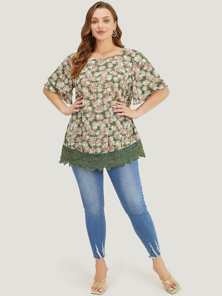Plus Size Women Dailywear Plants Patchwork Ruffle Sleeve Short sleeve Round Neck Vacation Blouses BloomChic 