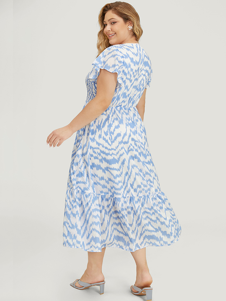Plus Size Women Dailywear Water Ripple Contrast Ruffle Sleeve Short sleeve Round Neck Pocket Elegant Dresses BloomChic 