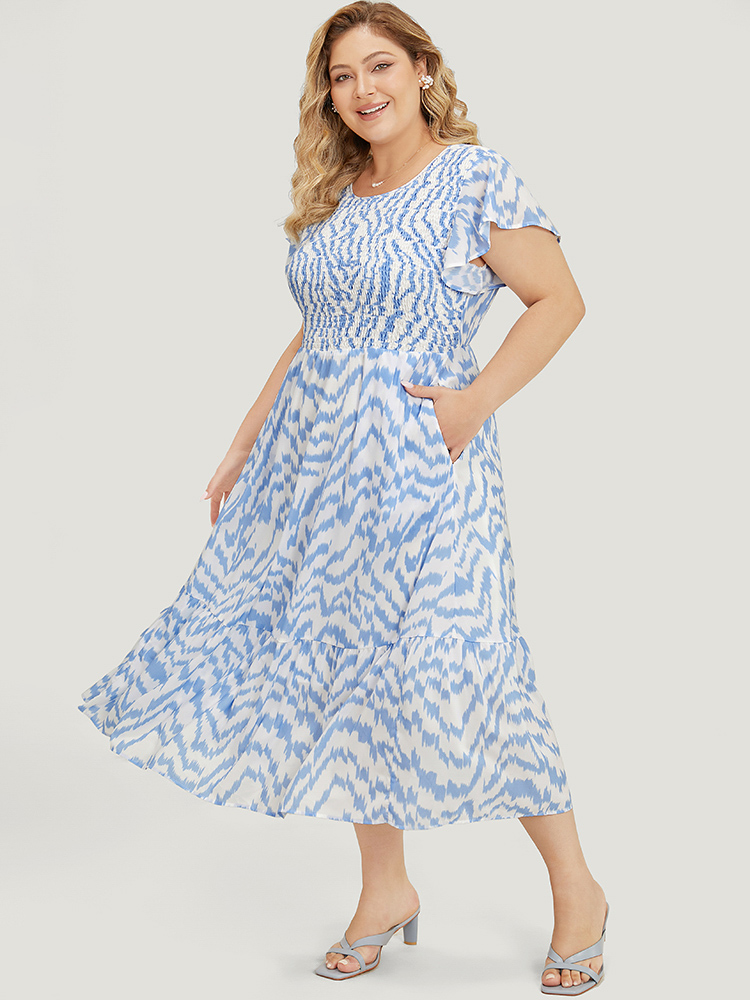 Plus Size Women Dailywear Water Ripple Contrast Ruffle Sleeve Short sleeve Round Neck Pocket Elegant Dresses BloomChic 