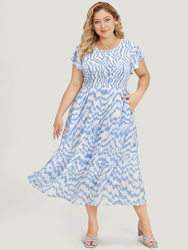 Plus Size Women Dailywear Water Ripple Contrast Ruffle Sleeve Short sleeve Round Neck Pocket Elegant Dresses BloomChic 